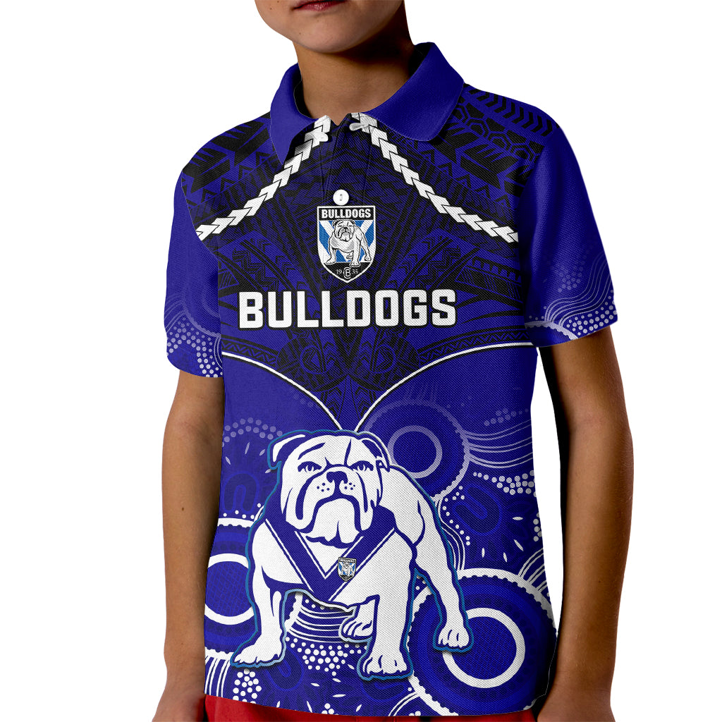 personalised-bulldogs-rugby-kid-polo-shirt-go-doggies-aboriginal-mix-polynesian-pattern