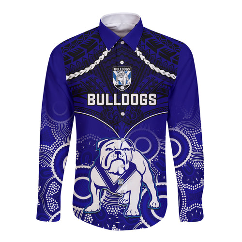 personalised-bulldogs-rugby-long-sleeve-button-shirt-go-doggies-aboriginal-mix-polynesian-pattern