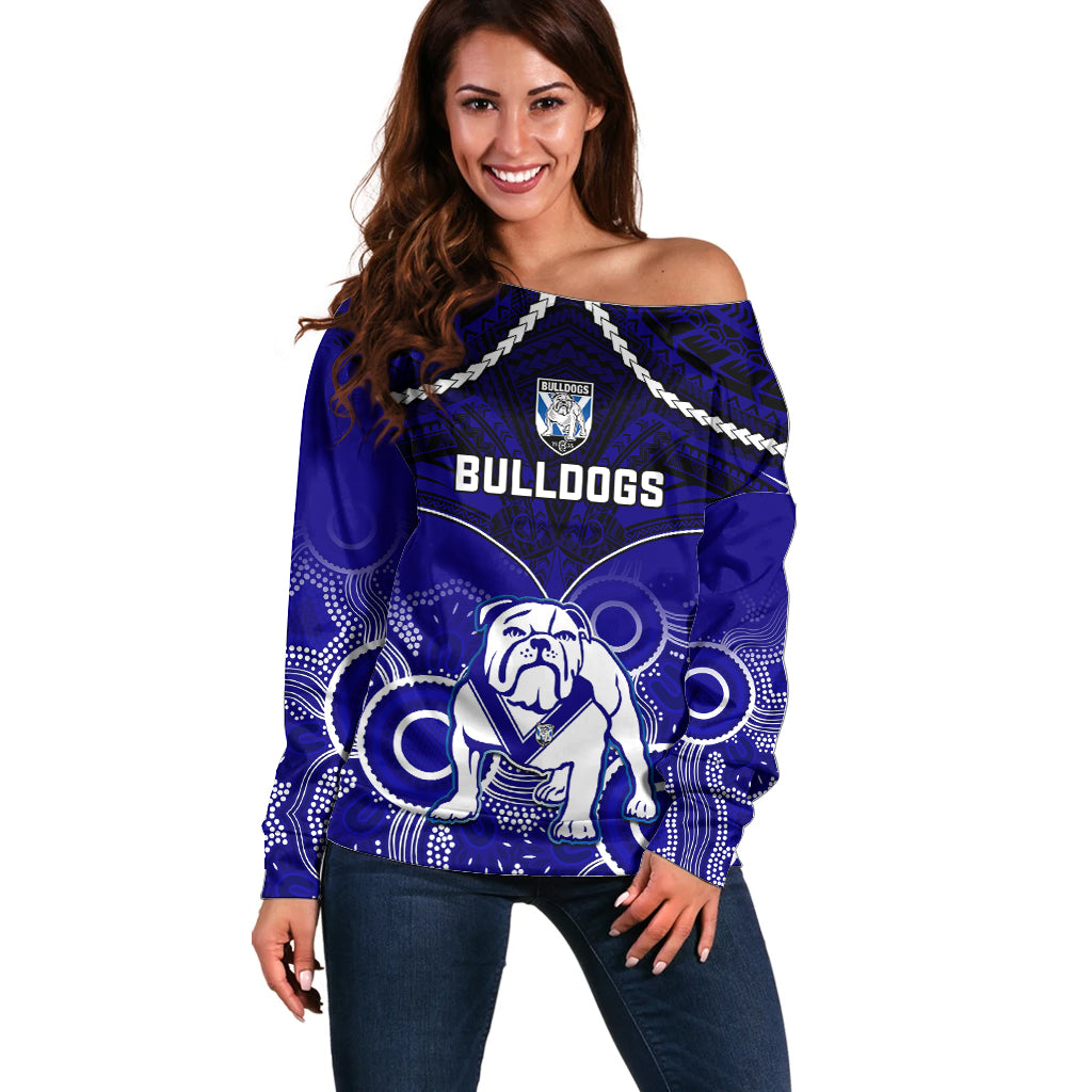personalised-bulldogs-rugby-off-shoulder-sweater-go-doggies-aboriginal-mix-polynesian-pattern