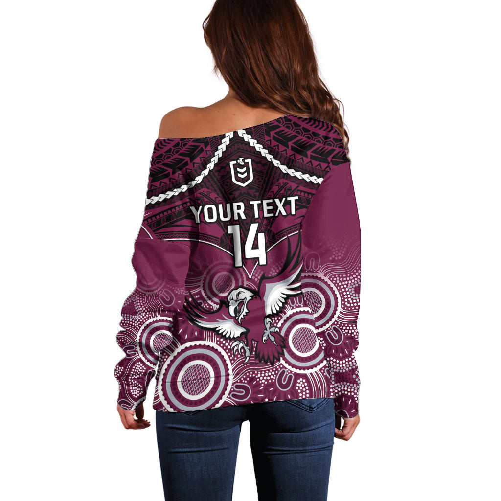 personalised-sea-eagles-rugby-off-shoulder-sweater-aboriginal-mix-polynesian-pattern