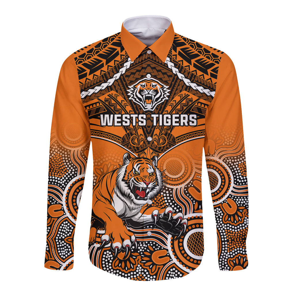personalised-tigers-rugby-long-sleeve-button-shirt-aboriginal-mix-polynesian-pattern