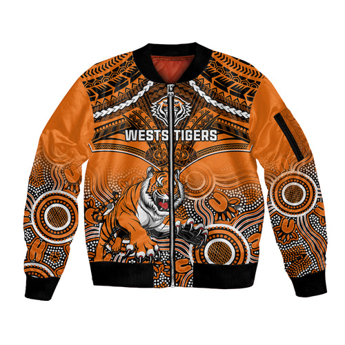 personalised-tigers-rugby-sleeve-zip-bomber-jacket-aboriginal-mix-polynesian-pattern