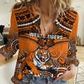 Personalised Tigers Rugby Women Casual Shirt Aboriginal Mix Polynesian Pattern LT14