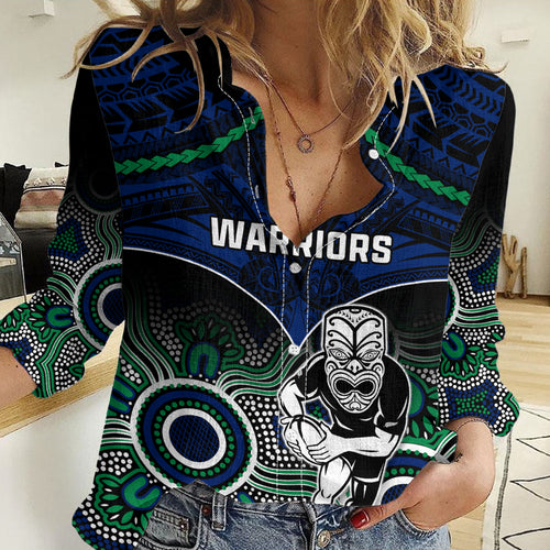Warriors Rugby Women Casual Shirt NZ Aboriginal Mix Polynesian Pattern LT14