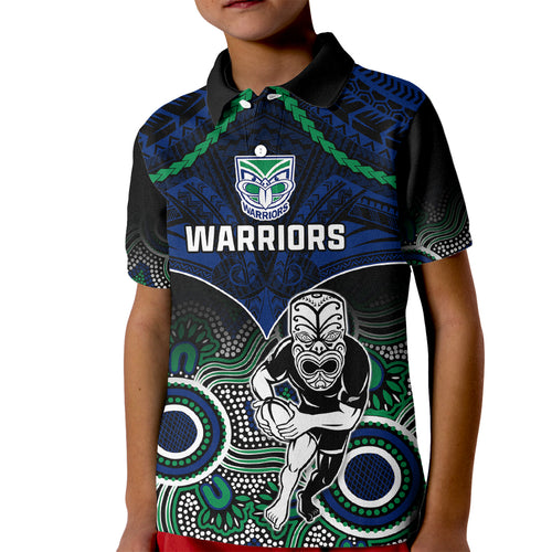 personalised-warriors-rugby-kid-polo-shirt-nz-aboriginal-mix-polynesian-pattern