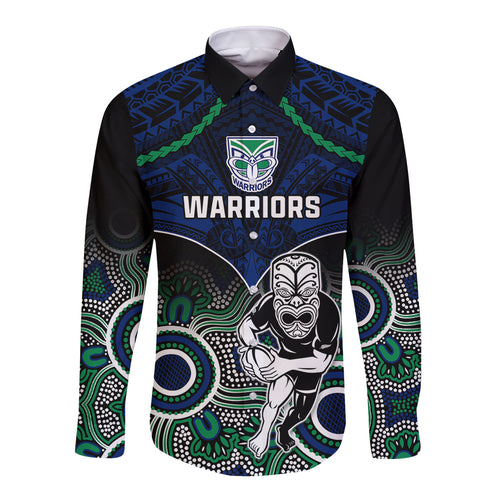 personalised-warriors-rugby-long-sleeve-button-shirt-nz-aboriginal-mix-polynesian-pattern