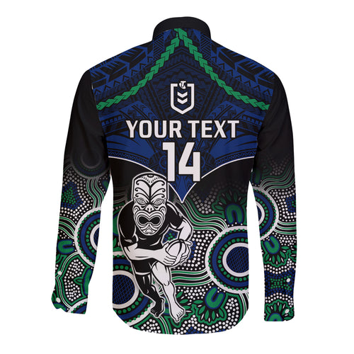 personalised-warriors-rugby-long-sleeve-button-shirt-nz-aboriginal-mix-polynesian-pattern
