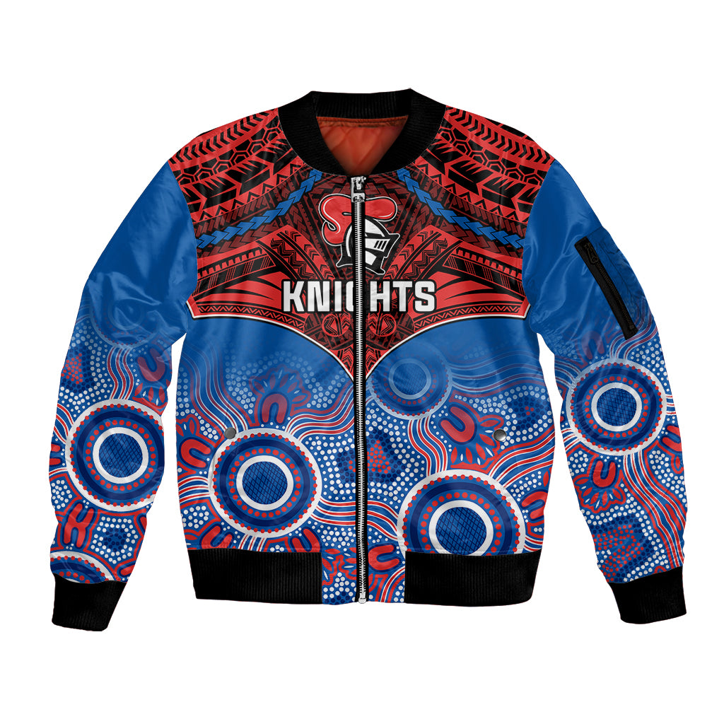 personalised-knights-rugby-sleeve-zip-bomber-jacket-aboriginal-mix-polynesian-pattern