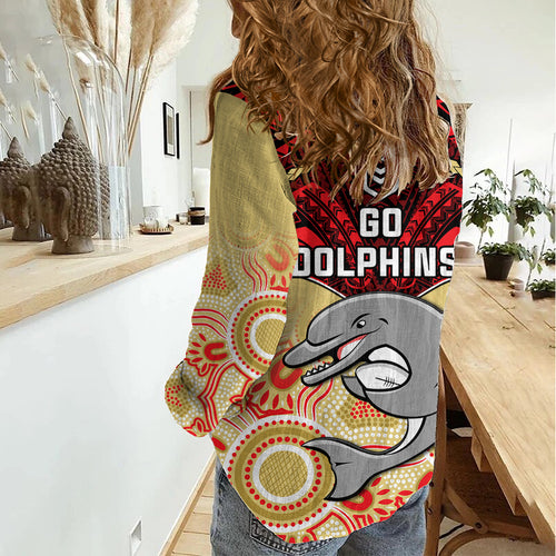 Dolphins Rugby Women Casual Shirt Aboriginal Mix Polynesian Pattern LT14