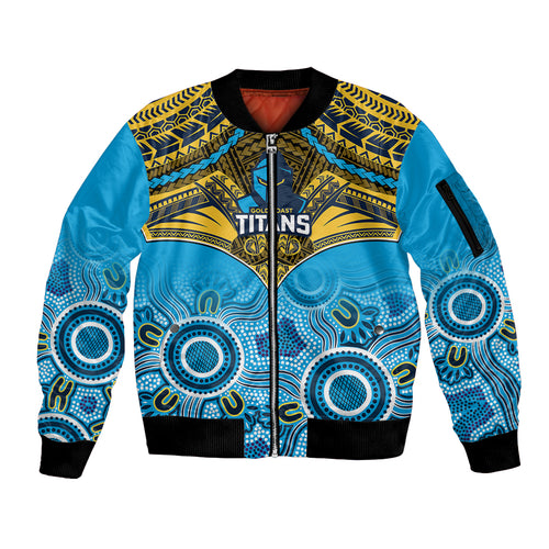 personalised-titans-rugby-sleeve-zip-bomber-jacket-aboriginal-mix-polynesian-pattern