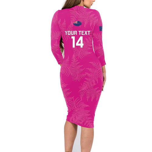 Custom New Zealand Silver Fern Rugby Family Matching Long Sleeve Bodycon Dress and Hawaiian Shirt Go Aotearoa - Pink Version
