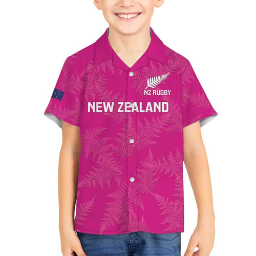 Custom New Zealand Silver Fern Rugby Family Matching Off Shoulder Short Dress and Hawaiian Shirt Go Aotearoa - Pink Version