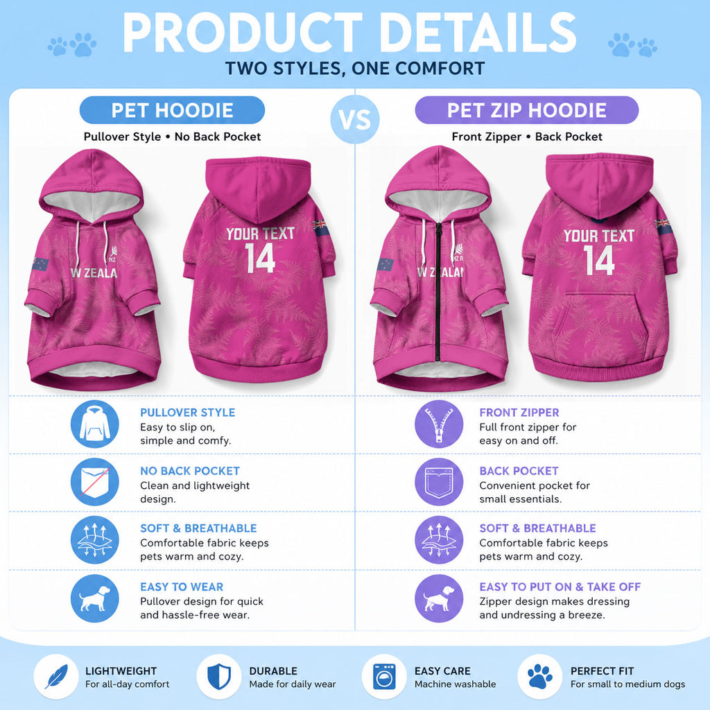 Custom New Zealand Silver Fern Rugby Pet Hoodie Go Aotearoa - Pink Version