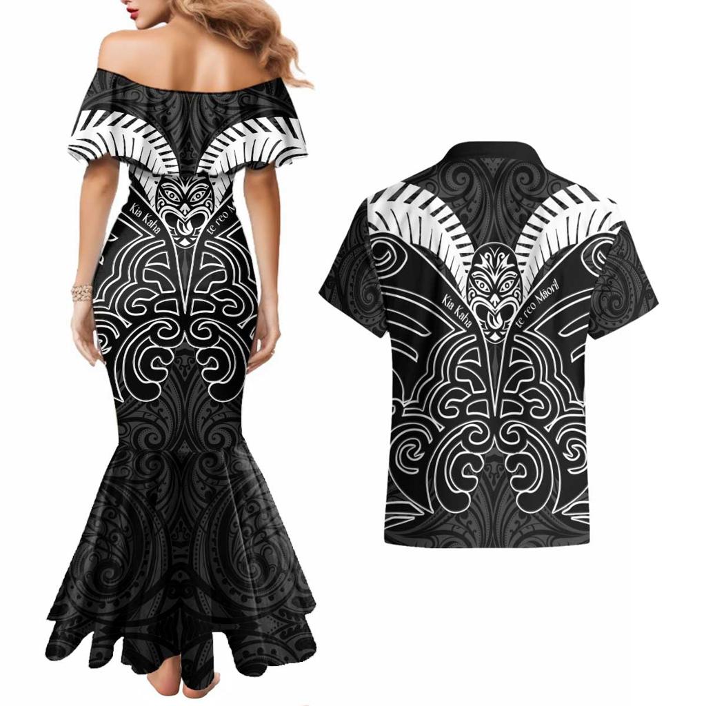 Kia Kaha Te Reo Maori Couples Matching Mermaid Dress and Hawaiian Shirt Aotearoa Hei Tiki With Hongi
