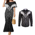 Kia Kaha Te Reo Maori Couples Matching Mermaid Dress and Long Sleeve Button Shirt Aotearoa Hei Tiki With Hongi