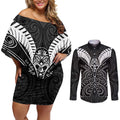 Kia Kaha Te Reo Maori Couples Matching Off Shoulder Short Dress and Long Sleeve Button Shirt Aotearoa Hei Tiki With Hongi