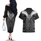 Kia Kaha Te Reo Maori Couples Matching Off The Shoulder Long Sleeve Dress and Hawaiian Shirt Aotearoa Hei Tiki With Hongi