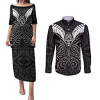 Kia Kaha Te Reo Maori Couples Matching Puletasi and Long Sleeve Button Shirt Aotearoa Hei Tiki With Hongi