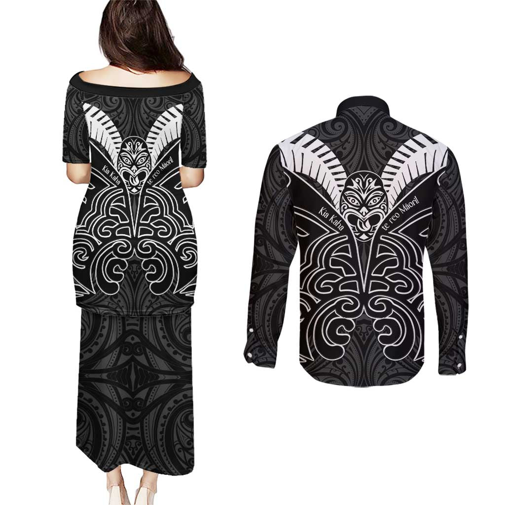 Kia Kaha Te Reo Maori Couples Matching Puletasi and Long Sleeve Button Shirt Aotearoa Hei Tiki With Hongi
