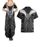 Kia Kaha Te Reo Maori Couples Matching Summer Maxi Dress and Hawaiian Shirt Aotearoa Hei Tiki With Hongi