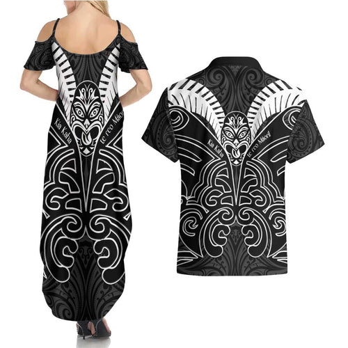Kia Kaha Te Reo Maori Couples Matching Summer Maxi Dress and Hawaiian Shirt Aotearoa Hei Tiki With Hongi