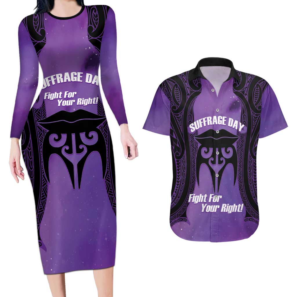 Personalised New Zealand Suffrage Day Couples Matching Long Sleeve Bodycon Dress and Hawaiian Shirt Maori Tattoo Galaxy Vibe - Aussie Hoodie
