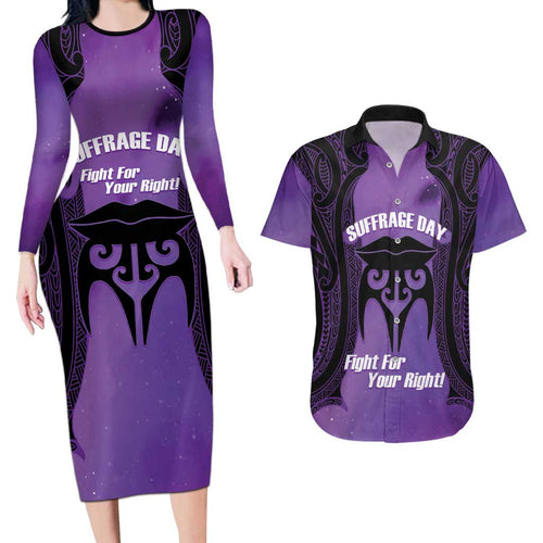 Personalised New Zealand Suffrage Day Couples Matching Long Sleeve Bodycon Dress and Hawaiian Shirt Maori Tattoo Galaxy Vibe - Aussie Hoodie