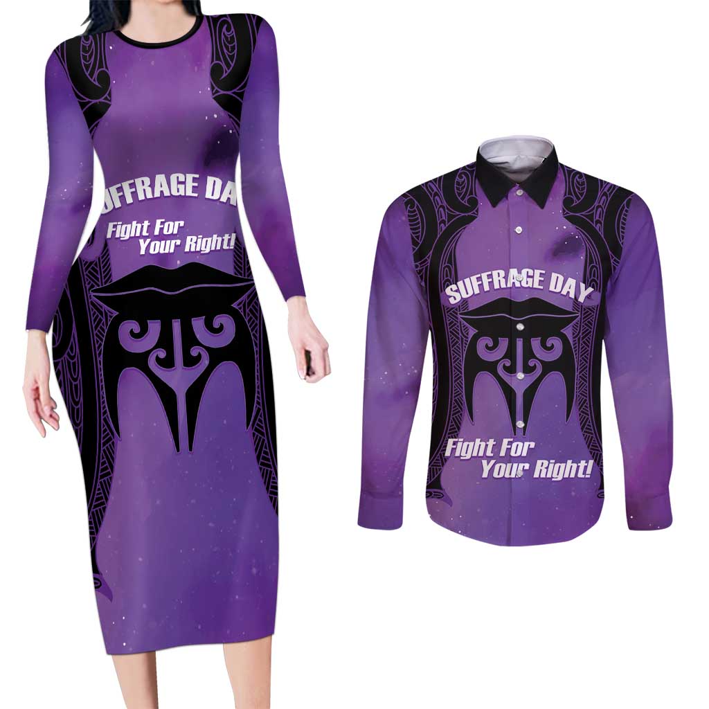 Personalised New Zealand Suffrage Day Couples Matching Long Sleeve Bodycon Dress and Long Sleeve Button Shirt Maori Tattoo Galaxy Vibe - Aussie Hoodie