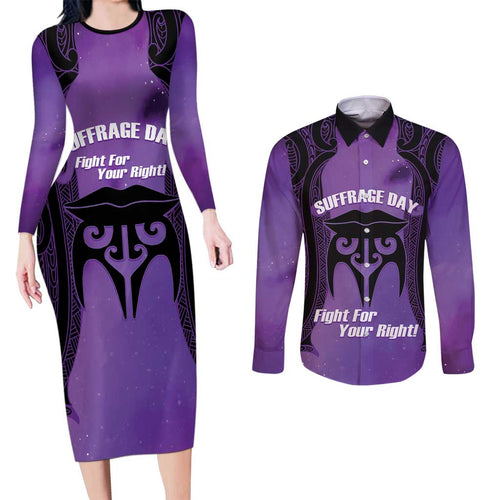 Personalised New Zealand Suffrage Day Couples Matching Long Sleeve Bodycon Dress and Long Sleeve Button Shirt Maori Tattoo Galaxy Vibe - Aussie Hoodie