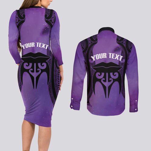 Personalised New Zealand Suffrage Day Couples Matching Long Sleeve Bodycon Dress and Long Sleeve Button Shirt Maori Tattoo Galaxy Vibe - Aussie Hoodie