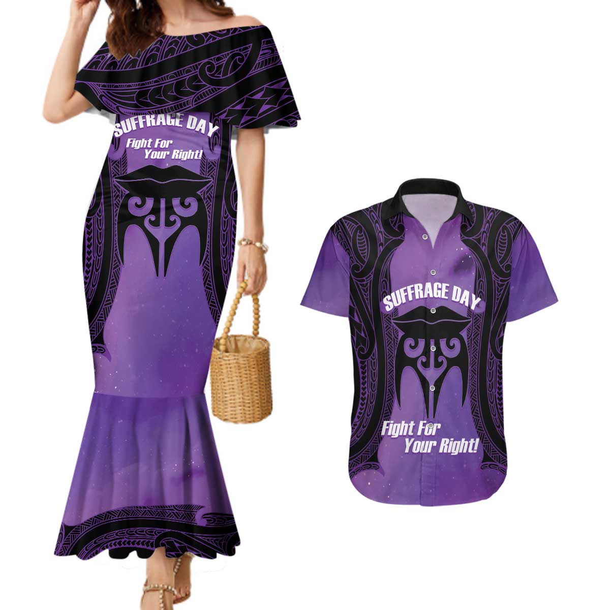Personalised New Zealand Suffrage Day Couples Matching Mermaid Dress and Hawaiian Shirt Maori Tattoo Galaxy Vibe - Aussie Hoodie
