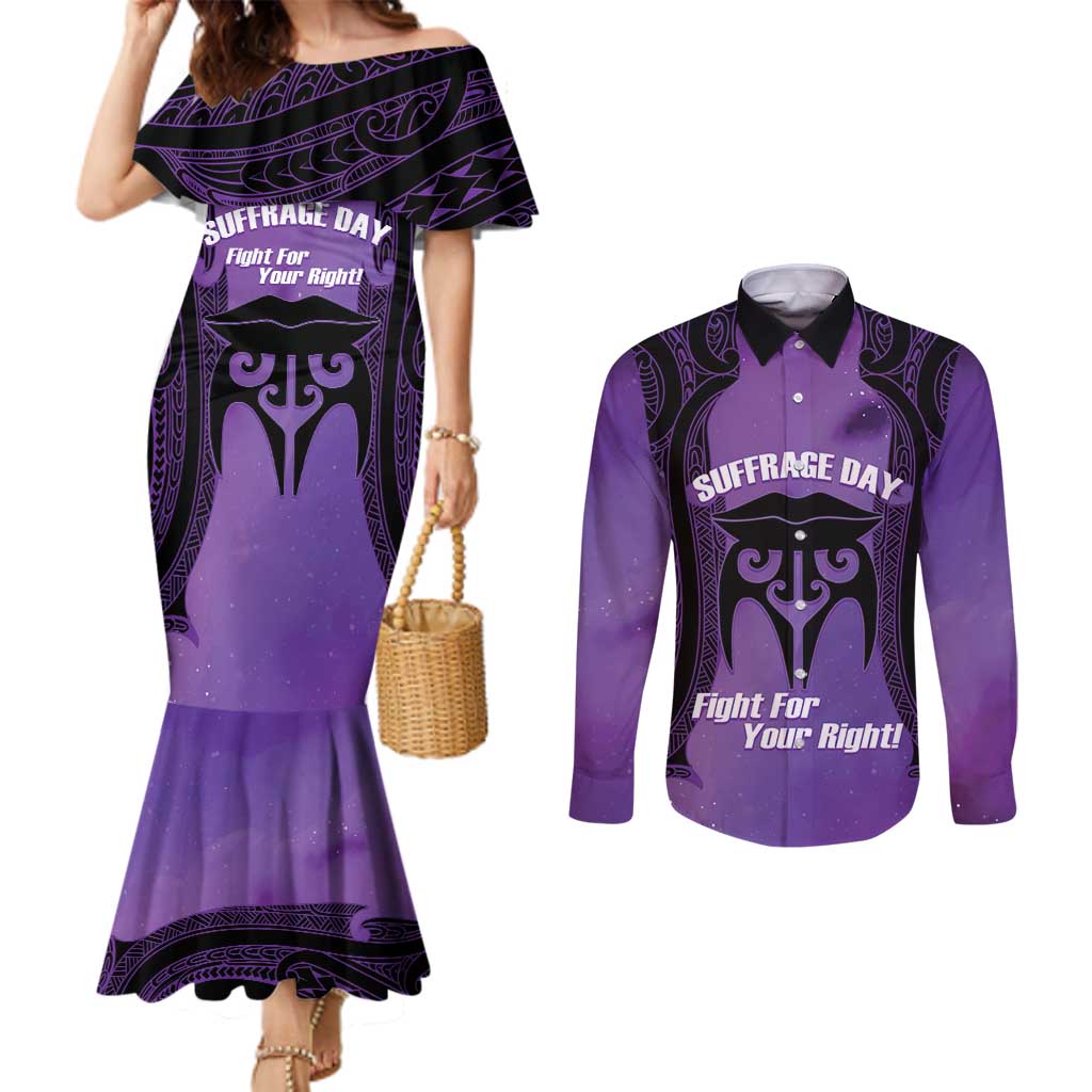 Personalised New Zealand Suffrage Day Couples Matching Mermaid Dress and Long Sleeve Button Shirt Maori Tattoo Galaxy Vibe - Aussie Hoodie