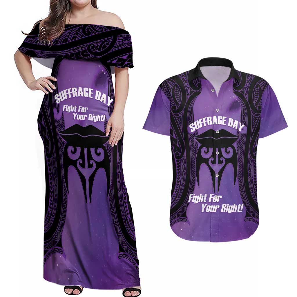 Personalised New Zealand Suffrage Day Couples Matching Off Shoulder Maxi Dress and Hawaiian Shirt Maori Tattoo Galaxy Vibe - Aussie Hoodie