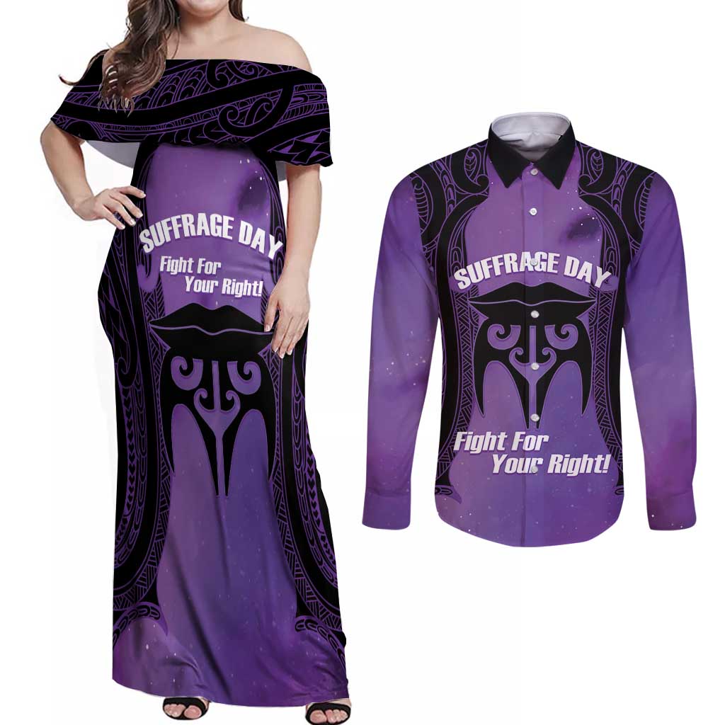 Personalised New Zealand Suffrage Day Couples Matching Off Shoulder Maxi Dress and Long Sleeve Button Shirt Maori Tattoo Galaxy Vibe - Aussie Hoodie