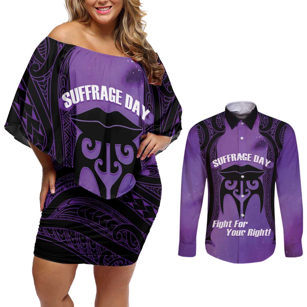 Personalised New Zealand Suffrage Day Couples Matching Off Shoulder Short Dress and Long Sleeve Button Shirt Maori Tattoo Galaxy Vibe - Aussie Hoodie