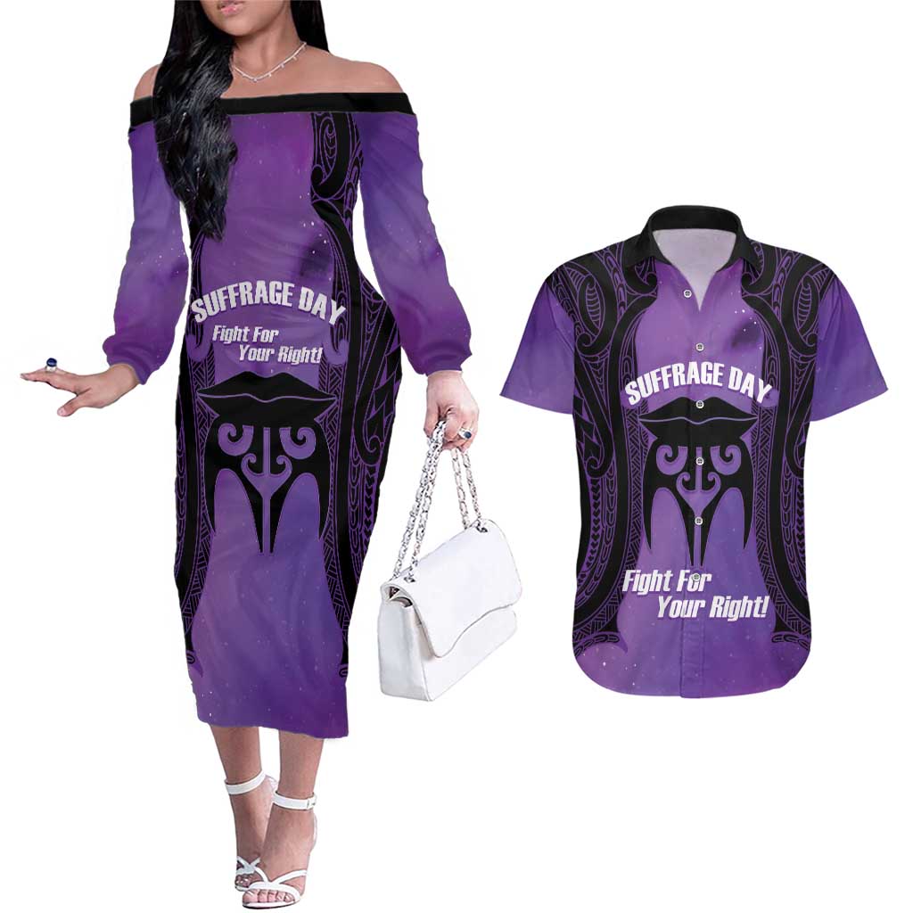 Personalised New Zealand Suffrage Day Couples Matching Off The Shoulder Long Sleeve Dress and Hawaiian Shirt Maori Tattoo Galaxy Vibe - Aussie Hoodie