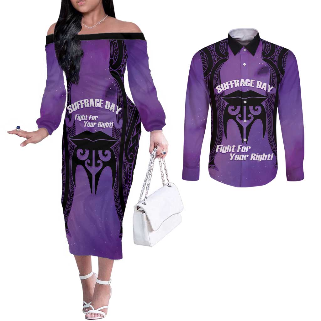 Personalised New Zealand Suffrage Day Couples Matching Off The Shoulder Long Sleeve Dress and Long Sleeve Button Shirt Maori Tattoo Galaxy Vibe - Aussie Hoodie