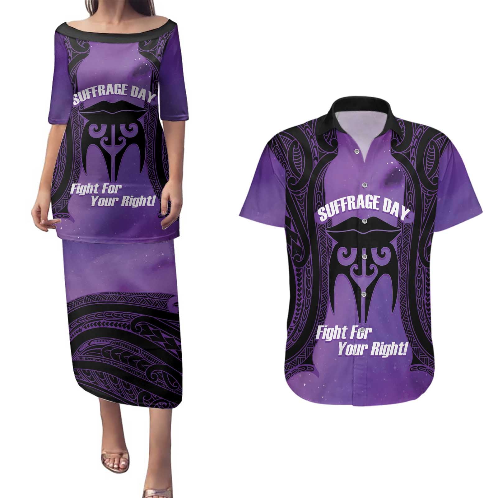 Personalised New Zealand Suffrage Day Couples Matching Puletasi and Hawaiian Shirt Maori Tattoo Galaxy Vibe - Aussie Hoodie