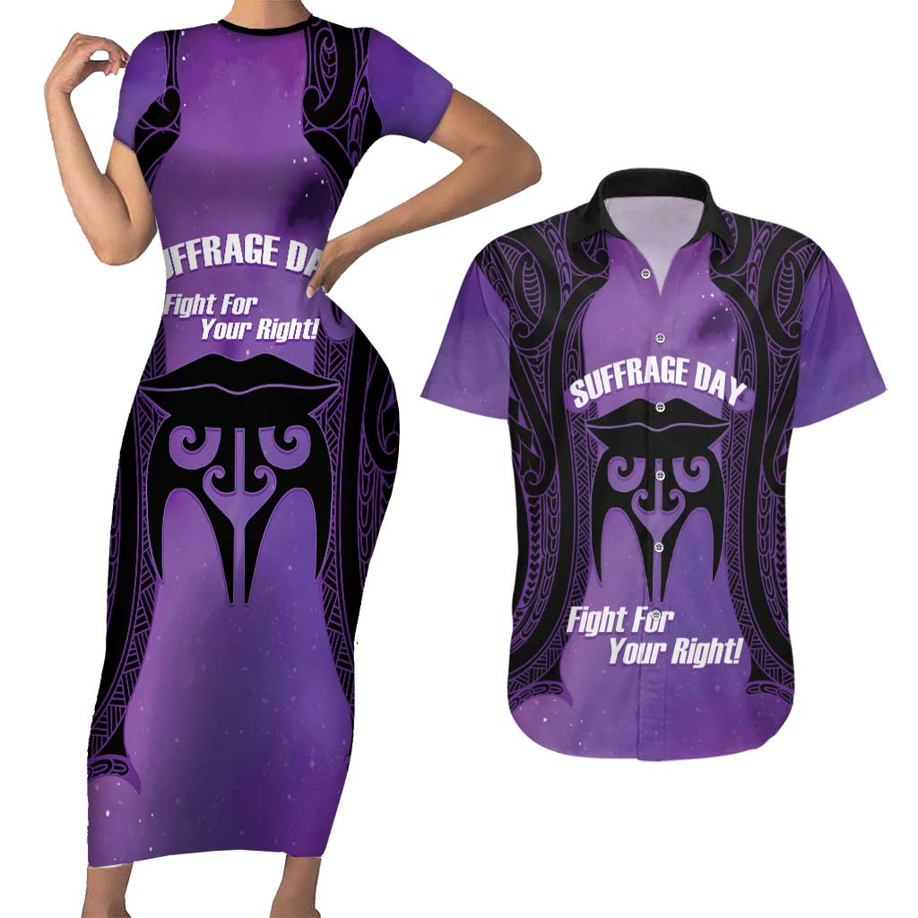 Personalised New Zealand Suffrage Day Couples Matching Short Sleeve Bodycon Dress and Hawaiian Shirt Maori Tattoo Galaxy Vibe - Aussie Hoodie