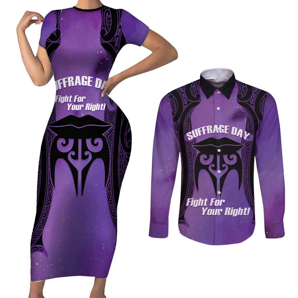 Personalised New Zealand Suffrage Day Couples Matching Short Sleeve Bodycon Dress and Long Sleeve Button Shirt Maori Tattoo Galaxy Vibe - Aussie Hoodie