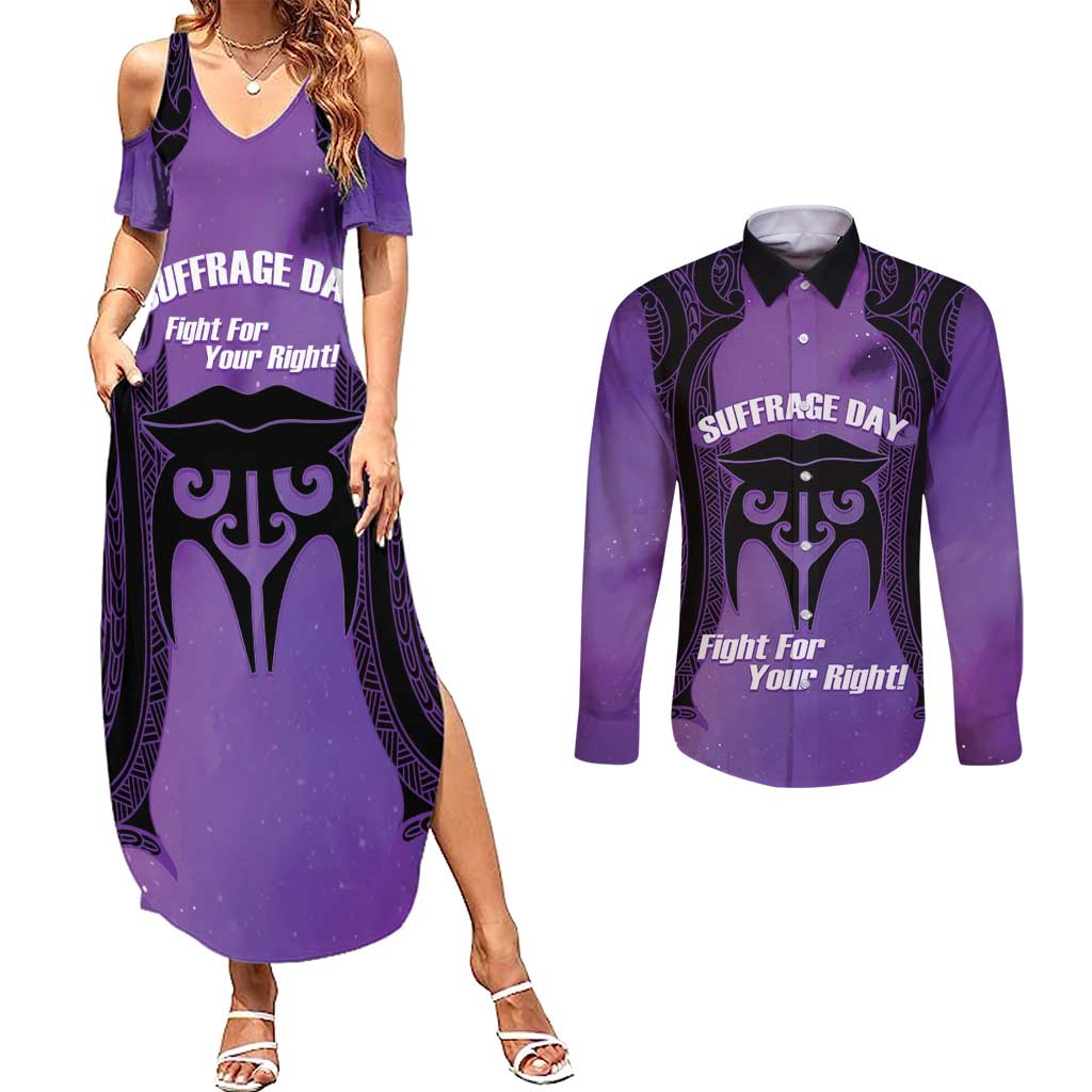 Personalised New Zealand Suffrage Day Couples Matching Summer Maxi Dress and Long Sleeve Button Shirt Maori Tattoo Galaxy Vibe - Aussie Hoodie