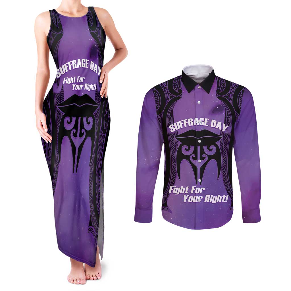 Personalised New Zealand Suffrage Day Couples Matching Tank Maxi Dress and Long Sleeve Button Shirt Maori Tattoo Galaxy Vibe - Aussie Hoodie