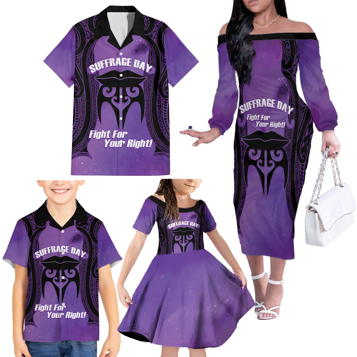 Personalised New Zealand Suffrage Day Family Matching Off The Shoulder Long Sleeve Dress and Hawaiian Shirt Maori Tattoo Galaxy Vibe - Aussie Hoodie