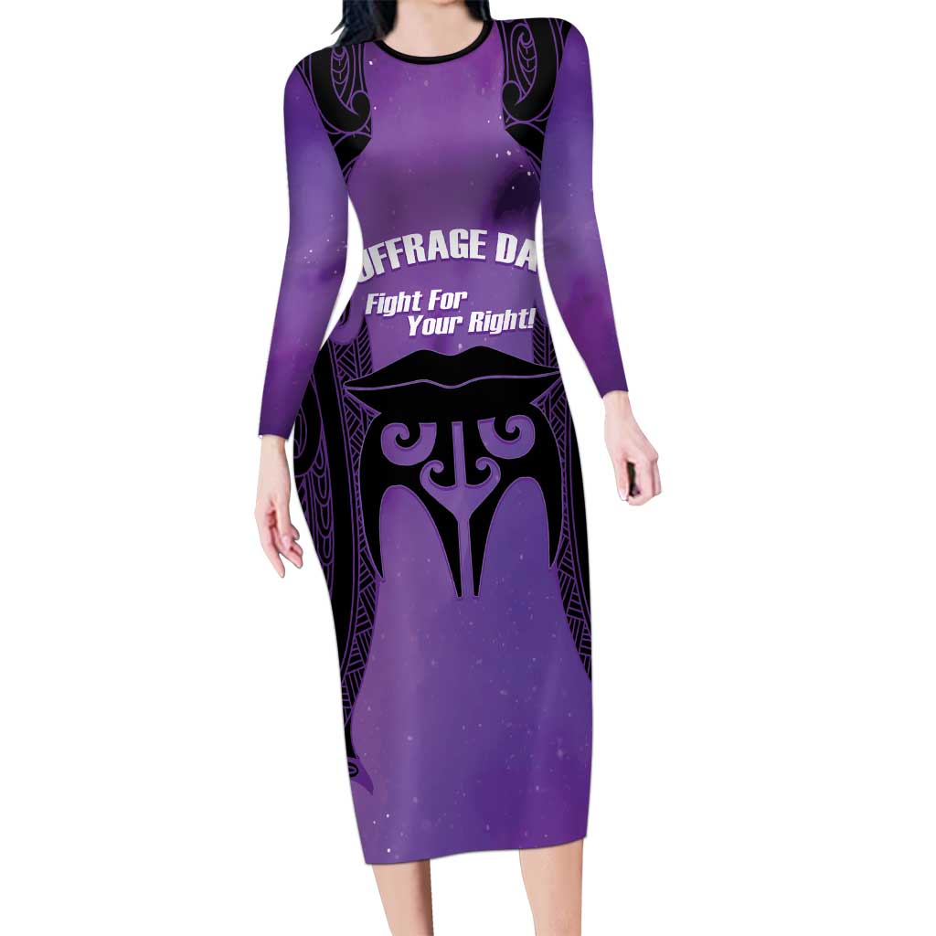 Personalised New Zealand Suffrage Day Long Sleeve Bodycon Dress Maori Tattoo Galaxy Vibe - Aussie Hoodie