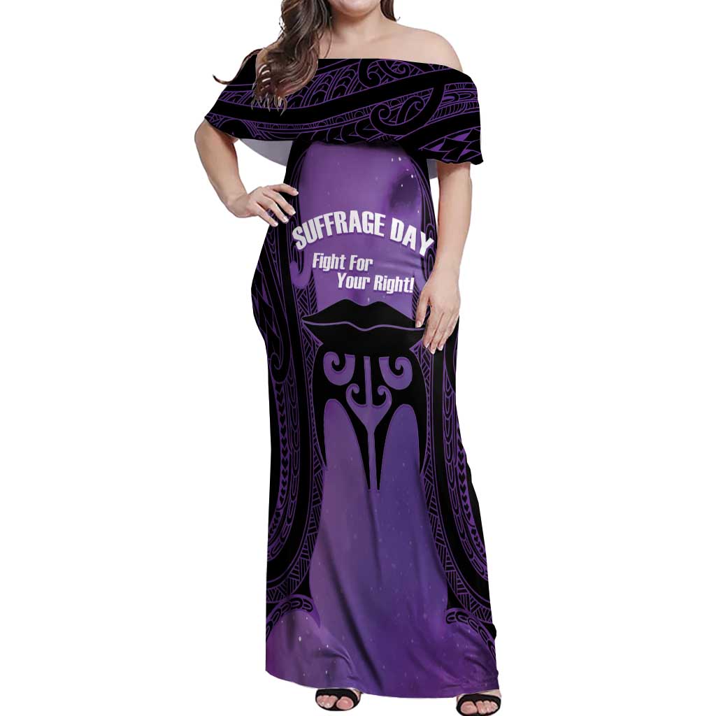 Personalised New Zealand Suffrage Day Off Shoulder Maxi Dress Maori Tattoo Galaxy Vibe - Aussie Hoodie