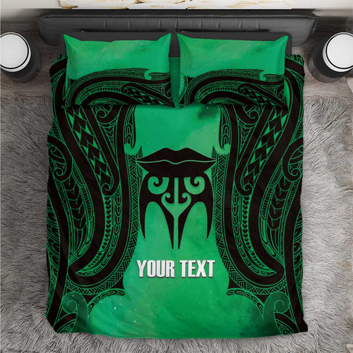 Personalised Moko Kauae New Zealand Bedding Set Maori Chin Tattoo Green - Aussie Hoodie