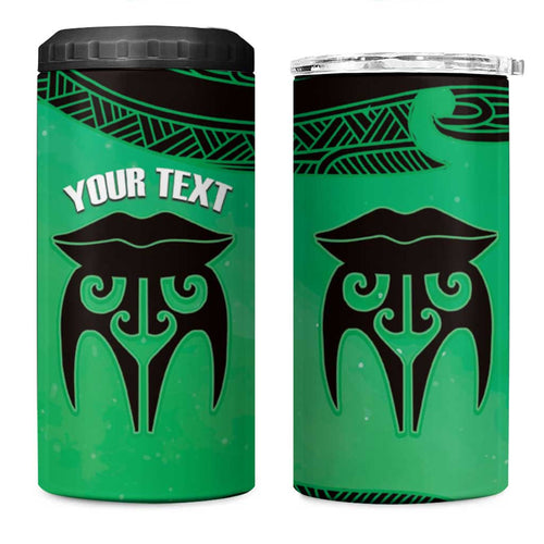Personalised Moko Kauae New Zealand 4 in 1 Can Cooler Tumbler Maori Chin Tattoo Green - Aussie Hoodie