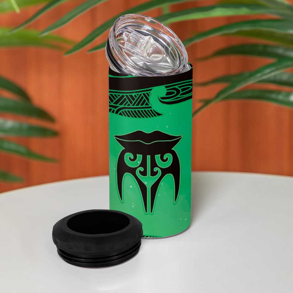 Personalised Moko Kauae New Zealand 4 in 1 Can Cooler Tumbler Maori Chin Tattoo Green - Aussie Hoodie