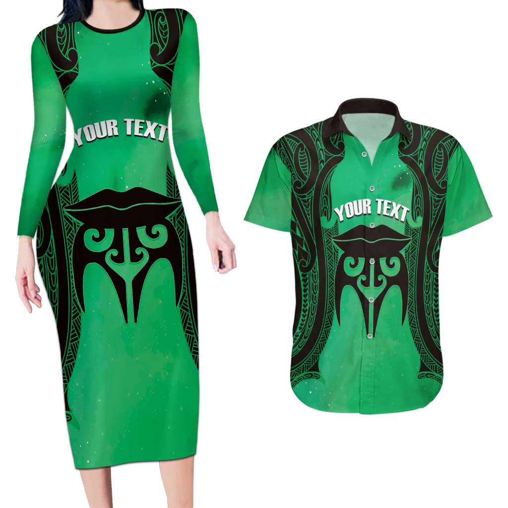 Personalised Moko Kauae New Zealand Couples Matching Long Sleeve Bodycon Dress and Hawaiian Shirt Maori Chin Tattoo Green - Aussie Hoodie