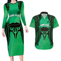 Personalised Moko Kauae New Zealand Couples Matching Long Sleeve Bodycon Dress and Hawaiian Shirt Maori Chin Tattoo Green - Aussie Hoodie
